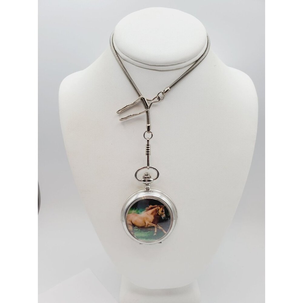 silver tone Hanslin horse Quartz pocket watch 15"
